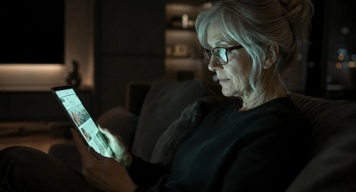 Mujer adulta leyendo prensa en una tableta por la noche, en el salón de casa
