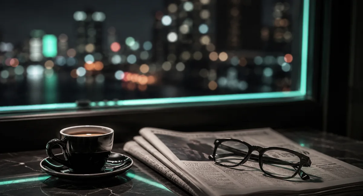 Mesa junto a una ventana con periódicos doblados, gafas y una taza de café por la noche